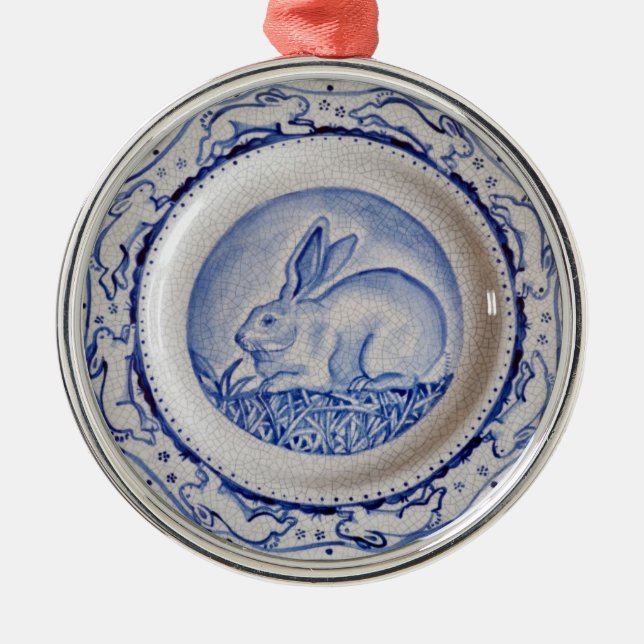 Métallique "Dedham Blue" Rabbit Blue & White Plate Ornement (Devant)