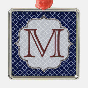 Métallique Marine Bleu Quarterfoil Latti Monogramme Ornement