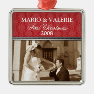 Métallique Premier ornement de mariage de Noël de damassé