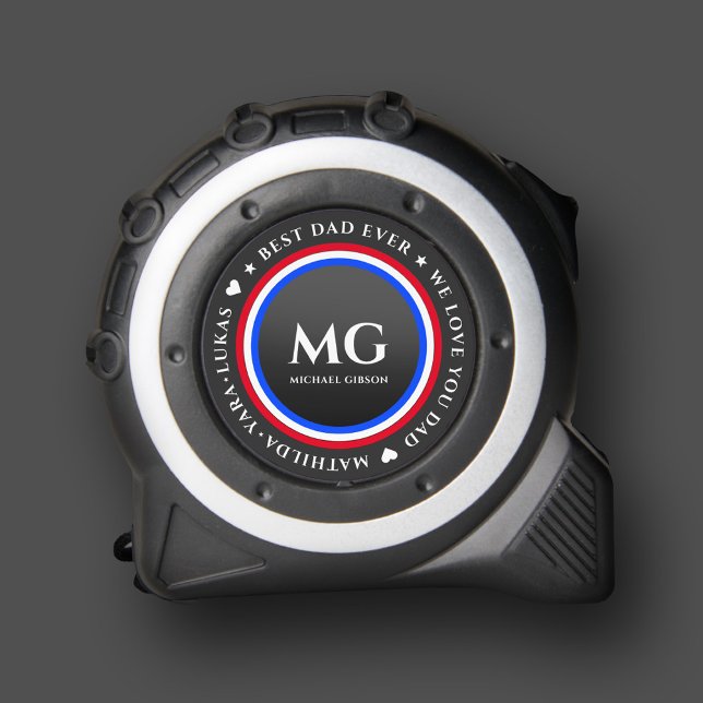 Mètre Ruban Anniversaire Moderne Papa Monogramme Bleu Blanc Ro (Modern Birthday Dad Monogram Blue White Red Tape Measure
)