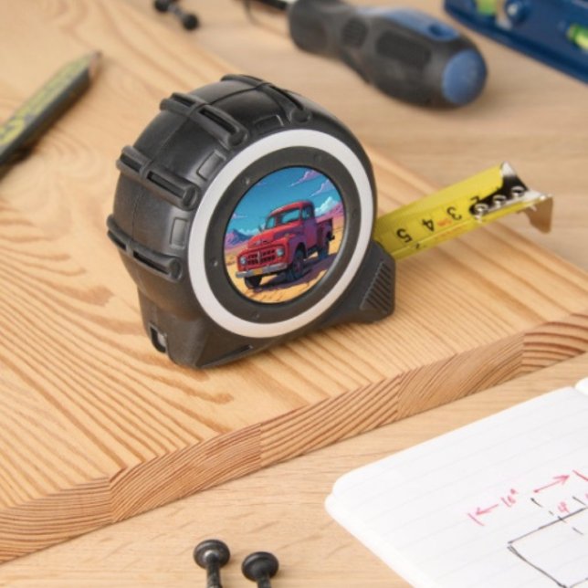 Mètre Ruban Classique camionnette américaine (Vintage Red Truck Desert Moon tape measure  inches on one side with metrics on the other. 
)