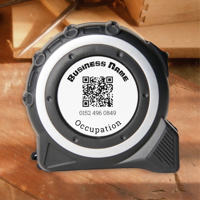 Mètre Ruban Code QR personnalisé Modèle commercial de travail  (A personalized, modern tape measure, with QR code, business name, occupation, and phone number)