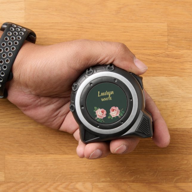 Mètre Ruban Fleur rose et feuilles sur vert foncé (Maison)