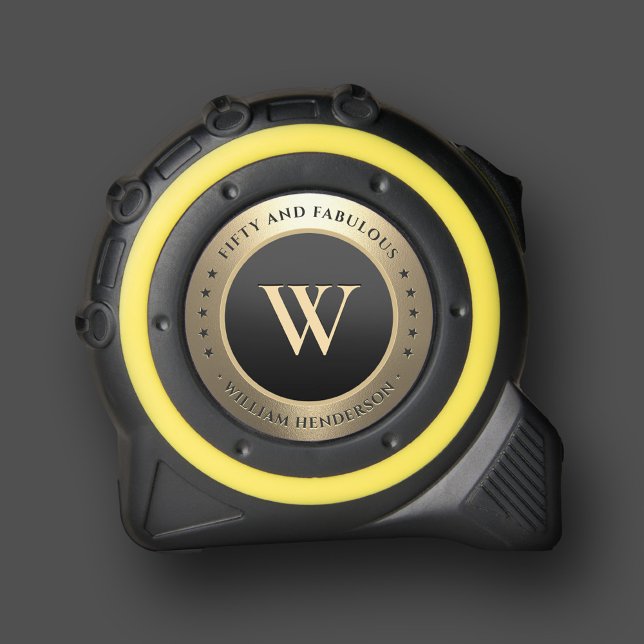 Mètre Ruban Moderne 50 Anniversaire Monogramme Élégant Or Noir (Modern 50 Birthday Monogram Elegant Black Gold Tape Measure
)