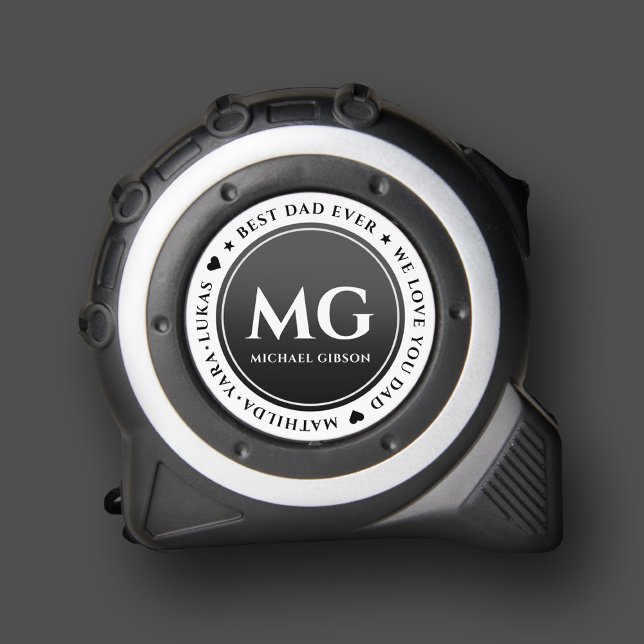 Mètre Ruban Moderne Monogramme Noir Blanc Anniversaire Papa  (Modern Monogram Black White Birthday Dad Tape Measure
)