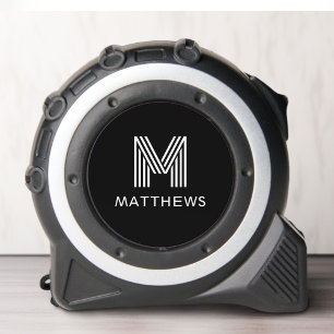 Mètre Ruban Monogramme initial et nom de famille moderne noir