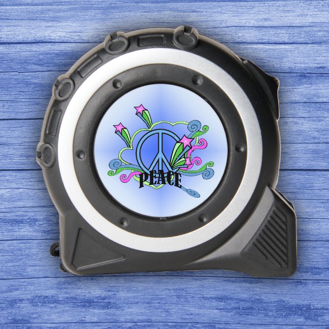 Mètre Ruban Panneau de Paix de Couleurs vives Design Scrolls É (1960s style blue peace sign design with colourful scrolls and shooting stars on tape measure.)