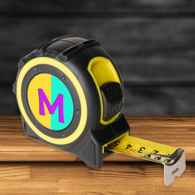 Mètre Ruban Personnalisé couleur brillant Monogramme Cool rétr (A monogrammed tape measure with yellow and turquoise color block design and magenta initial)