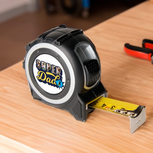 Mètre Ruban Photos personnalisées Super Papa Superhero Monogra (Super Dad Custom Photos Superhero Monogram Tape Measure)