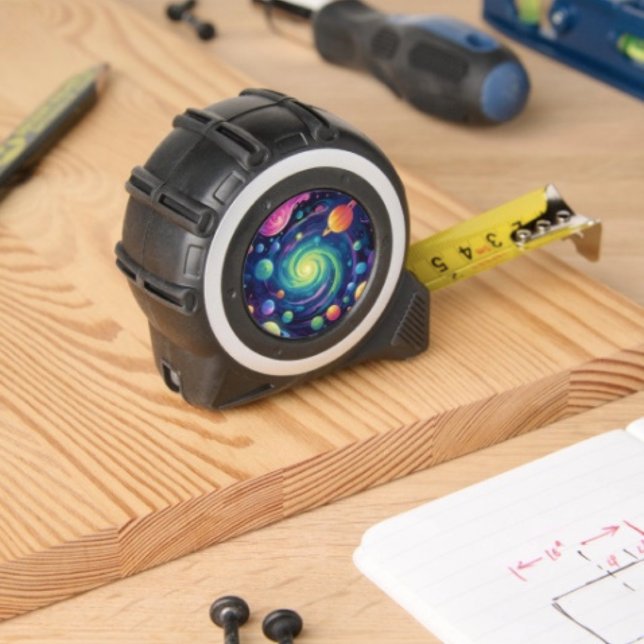 Mètre Ruban Rotation planétaire  (Galaxy Tape Measure – inches on one side with metrics on the other.  Clip plastic /rubber. 
)