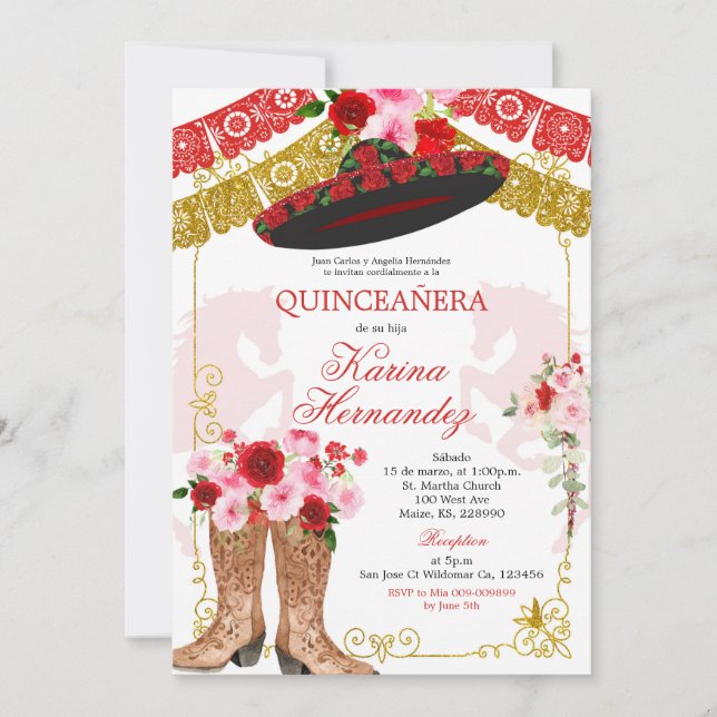 Mexicaine Red et Gold Girl Mis Quince Invitation (Devant)