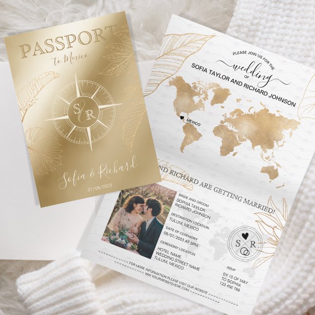 Mexique Mariage Destination Passport Carte du mond (gold compass passport wedding invitation)