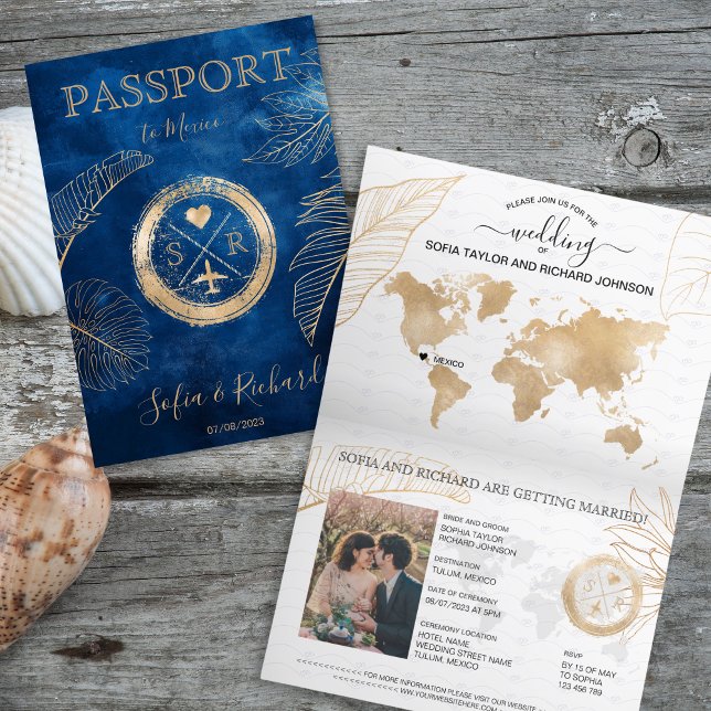 Mexique Mariage Destination Passport Carte du mond (passport wedding navy blue with golden stamp and palm leaves)