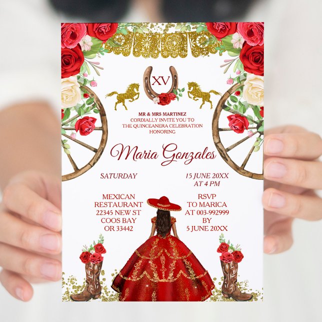 Mexique Rose rouge Charra Mis XV Anos Invitation (Créateur téléchargé)