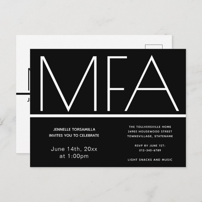 MFA grade Black Graduation Party Invitation (Devant / Derrière)
