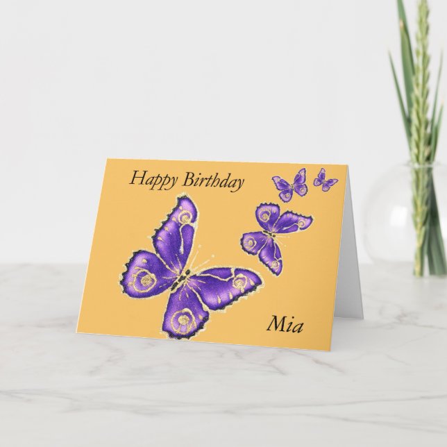 Mia, Joyeuse carte papillon violet d'anniversaire (Devant)