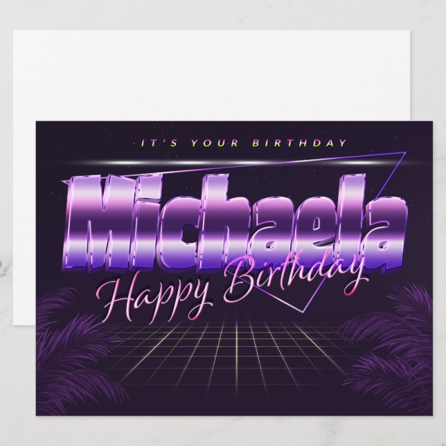 Michaela prénom carte rétro lilas anniversaire (Devant / Derrière)