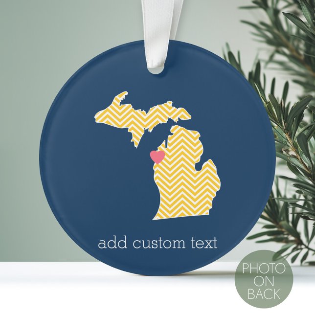 Michigan State Map with Custom Love Heart and Name (Personalized Photo Ornament with a State Design on the Front and Photo on the Back)