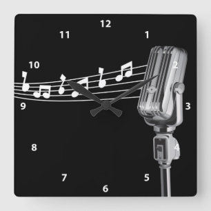 Microphone et notes musicales rétro cool Horloge