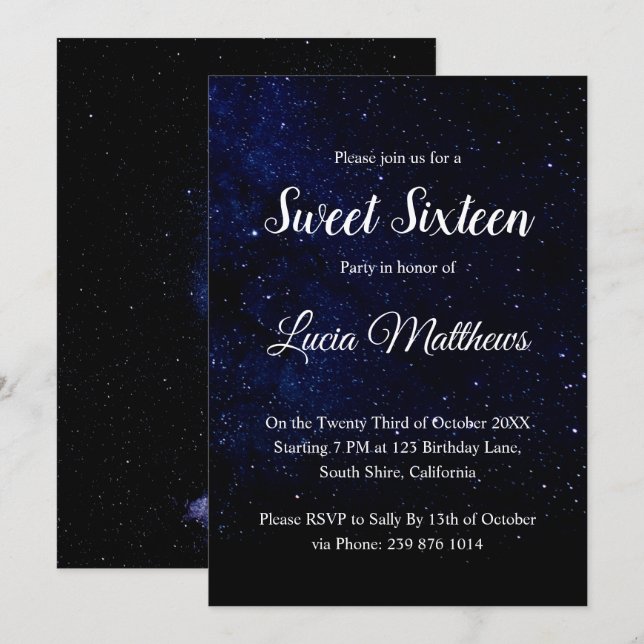 Midnight Black Stars Sweet sixteen Invitation (Devant / Derrière)