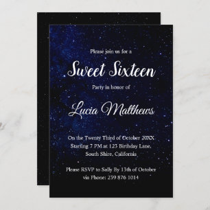 Midnight Black Stars Sweet sixteen Invitation