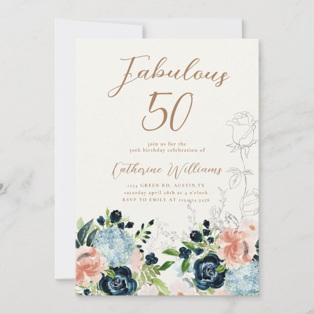 Midnight Blue Floral 50e anniversaire Invitation (Devant)