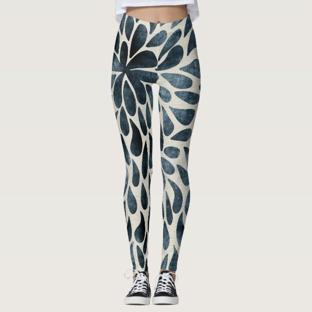 Midnight Blue Floral Petal Motif Artsy Leggings (Devant)