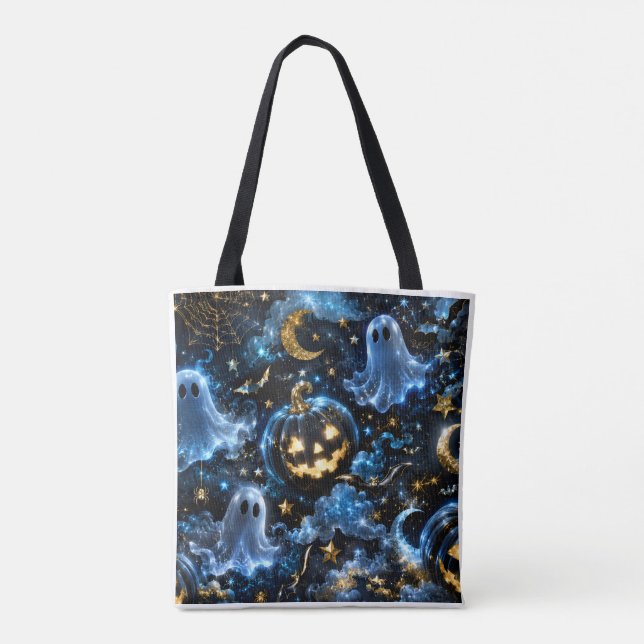 Midnight Blue Gold Ghosts & Pumpkins Sac fourre-to (Dos)