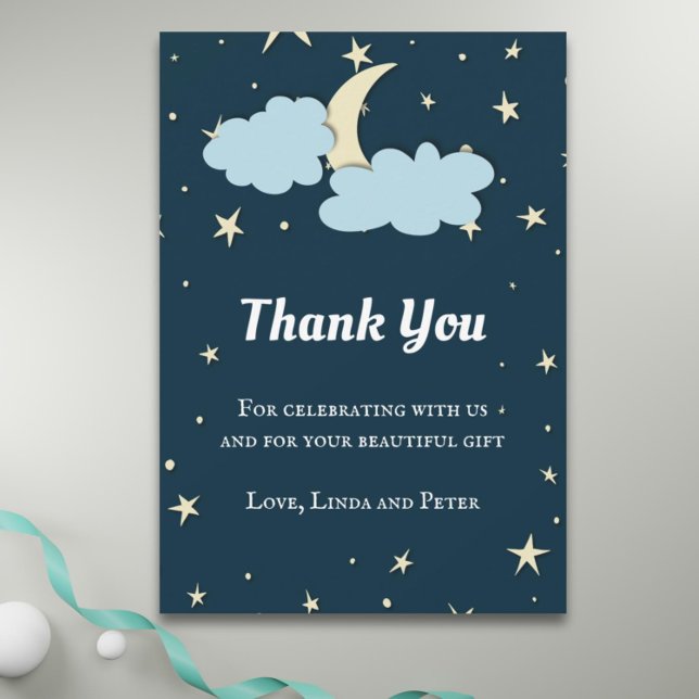 Midnight Blue Moon & Stars Élégant Carte de remerc (Midnight blue over the moon baby shower thank you card)