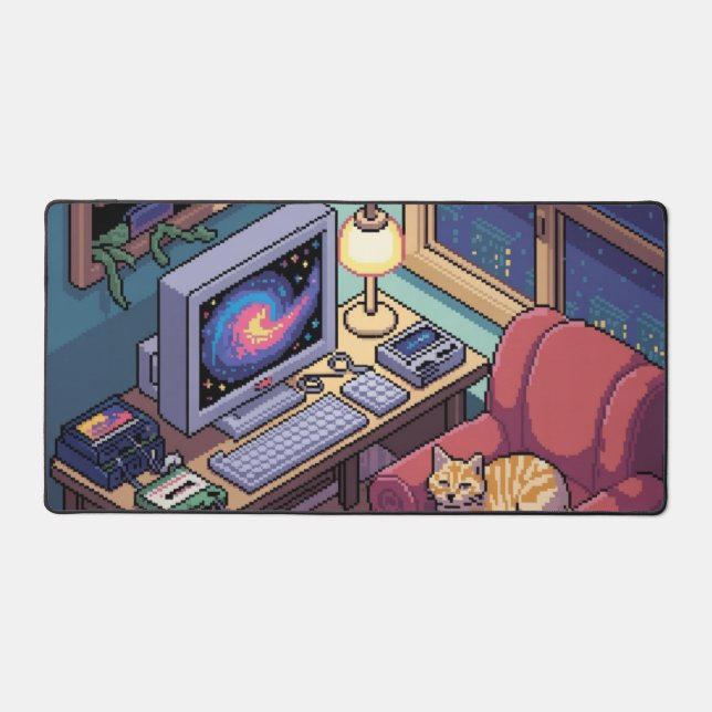 Midnight Lofi Pixel Art Retro Room Desk Mat (Recto)
