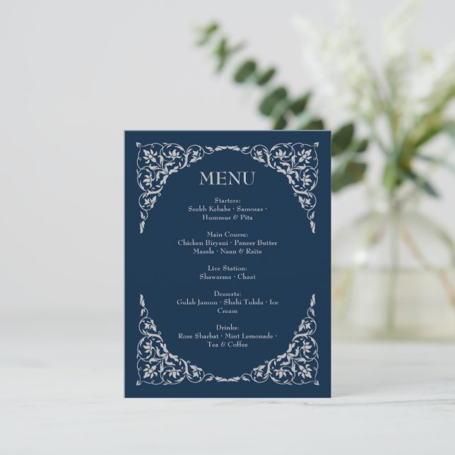 Midnight Serenity Navy and Silver Wedding Menu (Debout devant)
