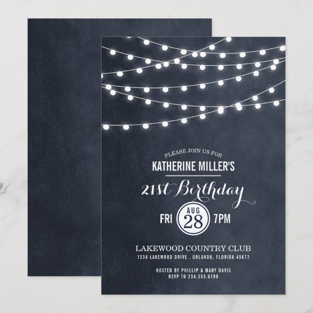 Midnight String Lights 21e anniversaire Invitation (Devant / Derrière)