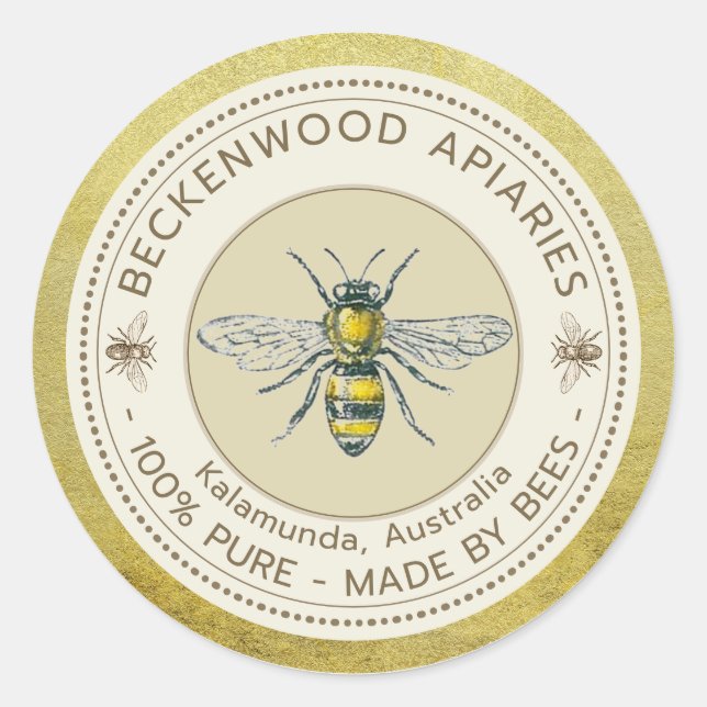 Miel Abee Étiquette Abeille Jaune Apiary Gold Rim (Devant)