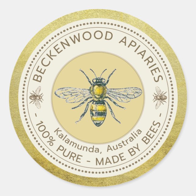 Miel Abee Étiquette Abeille Jaune Apiary Gold Rim (Devant)