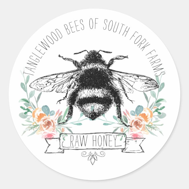 Miel Bee Apiary Miel Jar Étiquette l Rose Floral (Devant)