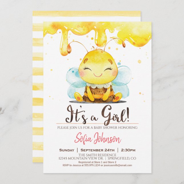 Miel Bee Baby shower Girl Invitation (Devant / Derrière)