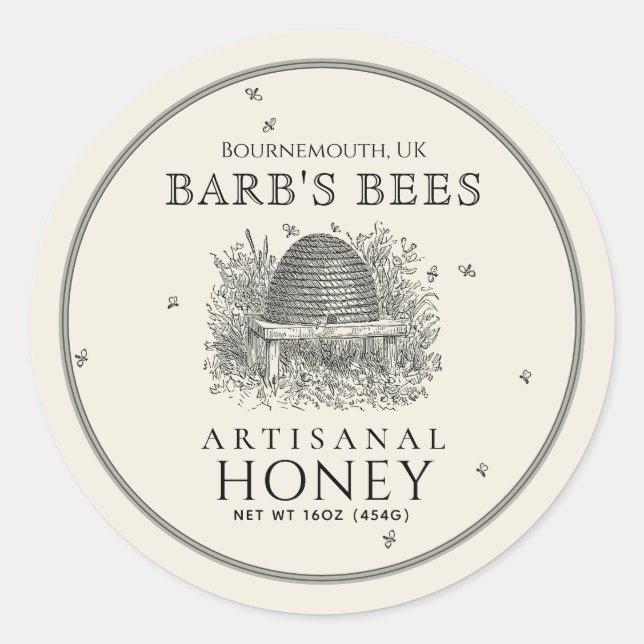 Miel ivoire Étiquette Vintage Skep avec abeilles (Devant)