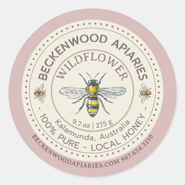 Miel jaune Miel Étiquette Abeille Rose frontière  (Devant)