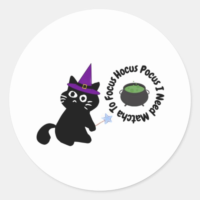 Mignon autocollant de chat noir sorcière matcha (Devant)