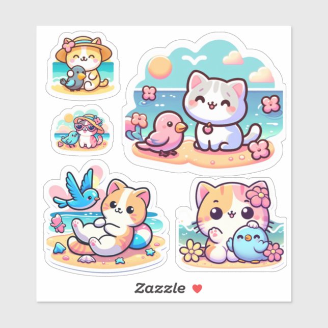 Mignon chat de plage kawaii Autocollant vinyle sur (Feuille)