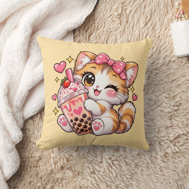 Mignon Coussin Kawaii Chat Tenant du Bubble Tea (Couverture)