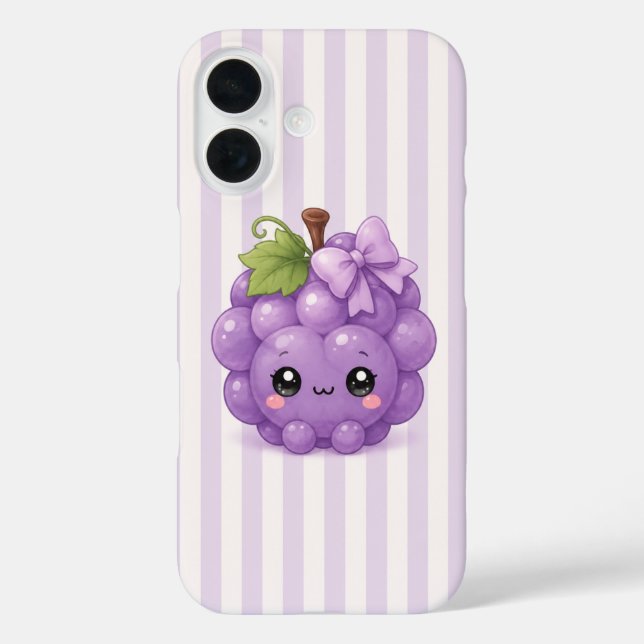 Mignon Étui de Téléphone Raisin Kawaii sur Rayures (Verso)