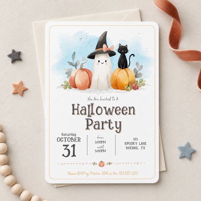 Mignon fantôme à l'aquarelle Chat noir Citrouille  (Cute Kids Halloween Party Invitation)