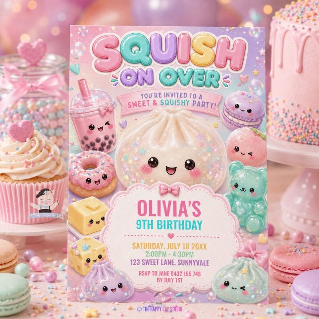 Mignon Invitation Anniversaire Fête Bao Dumpling P (Cute Glitter Dumpling Bao Squishy Party Birthday Invitation )