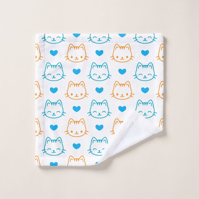 Mignon motif de visages de chat bleu et orange Kaw (Gant de toilette)