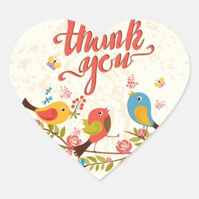 mignon oiseaux merci autocollants de coeur (Devant)