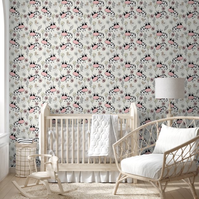 Mignon papier peint à motif continu de vaches noir (Enfants)
