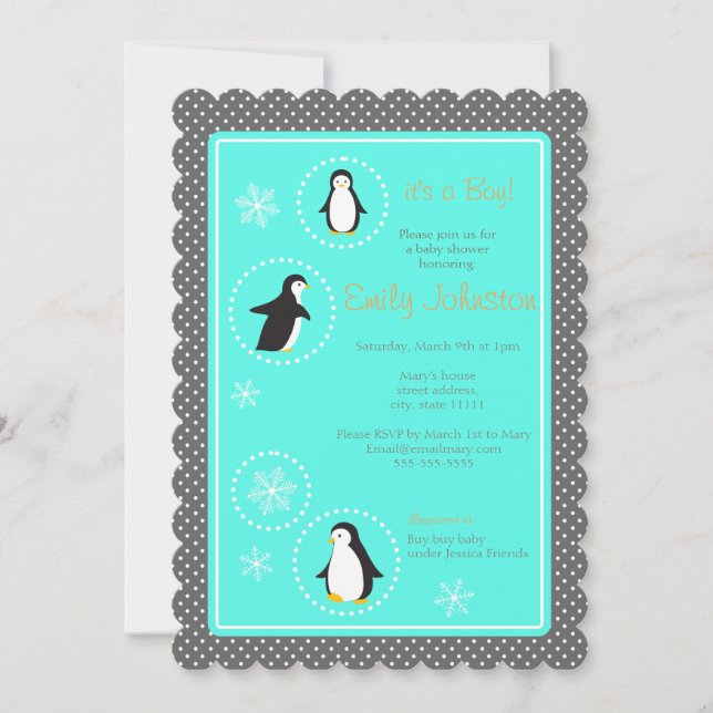 mignon pingouins garçon baby shower invitation (Devant)
