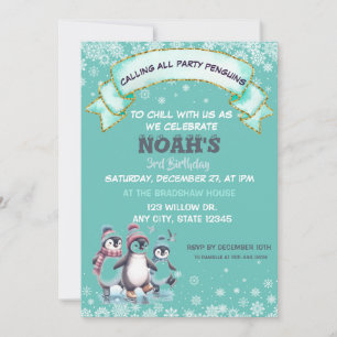 mignon Snowflakes Penguin Anniversaire Invitation