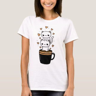 Mignon T-Shirt Chat Kawaii Buvant Café Mug Cœurs